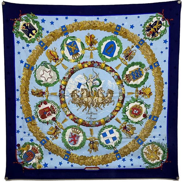 Hermes Accessories - Hermes Silk Scarf "Emblemes de l'Europe" 90cm Jacquard Blue Stars